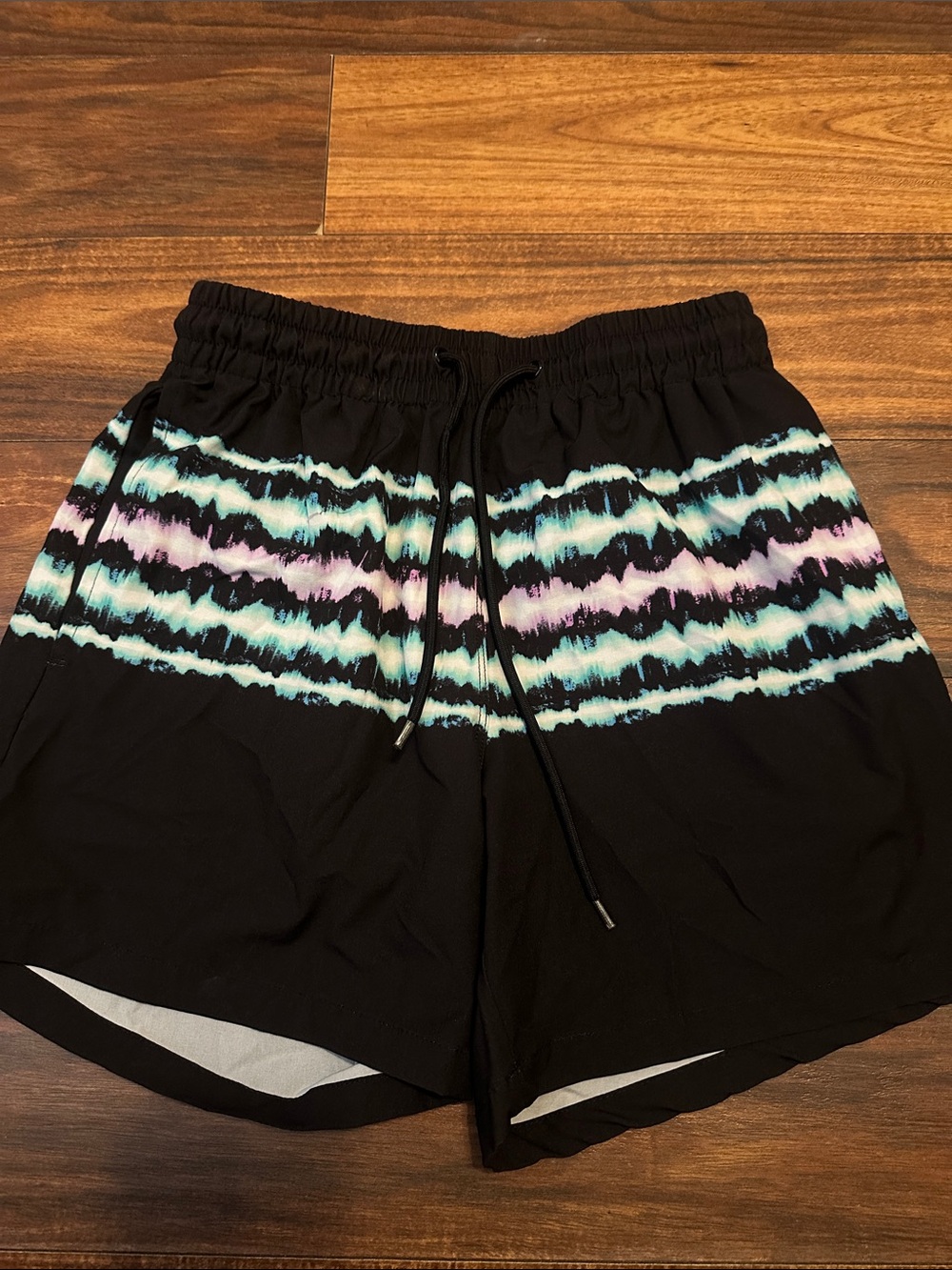 crown & ivy Black Kids Swim Trunks with Aqua and Lavender Stripe Pattern